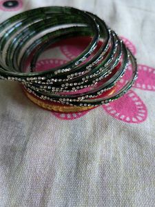 Elegant Green Glass Bangles with Rhinestones