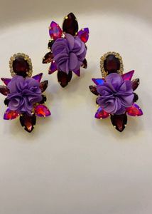 Exquisite Purple Flower &amp; Gemstone Earrings &amp; Ring