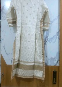 Elegant White Kurta set with Gold Embellishments