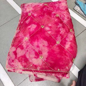 Vibrant Pink Tie-Dye Saree with Gold Embellishment
