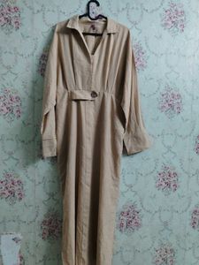 Long Sleeve Beige Linen Dress