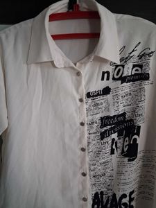 Cream Button-Down Shirt with Newspaper Print