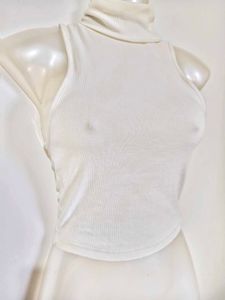 Sleeveless White Turtleneck Crop Top