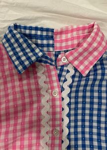 gingham/checked snatched pink and blue shirt