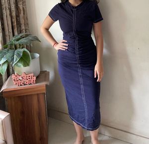 Navy Blue Ruched Midi Dress