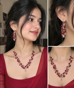 Red &amp; Clear Beaded Necklace &amp; Earrings Set