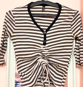 Striped Ruched Tie-Up Top