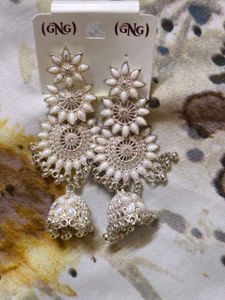 White &amp; Silver Jhumka Earrings