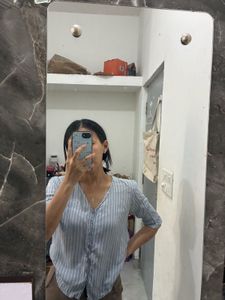 Striped V-Neck Button-Up Top