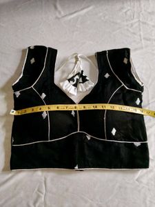 Black Embroidered Blouse with White Piping
