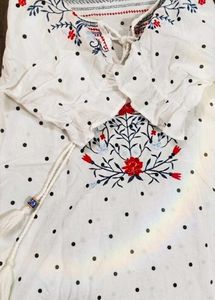 Embroidered White top with Tassel Tie