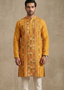 Mens Embroidered Mustard Kurta
