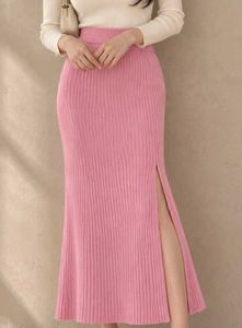Ribbed Knit Midi Skirt with Slit