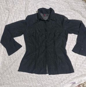 Chic Black Sheer Striped Button-Up Shirt