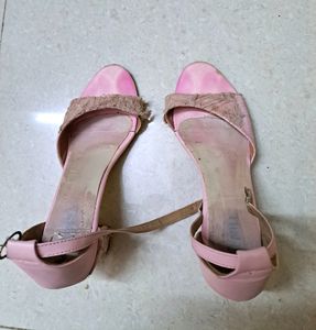 Denill Brand Pink Block Heels Shoes. With Lace Det