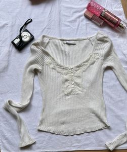 Cream Lace Trim Ribbed Long Sleeve Top
