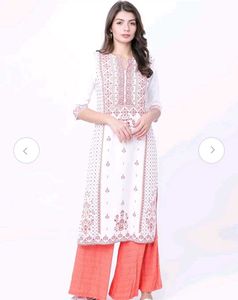 Elegant White Kurta with Coral Palazzo Pants