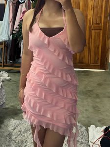Pink Ruffled Halterneck Mini Dress