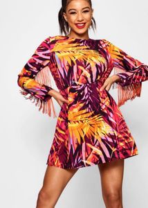 Vibrant Tropical Print Dress with Fringe