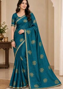 Elegant Teal Saree with Gold Floral Print