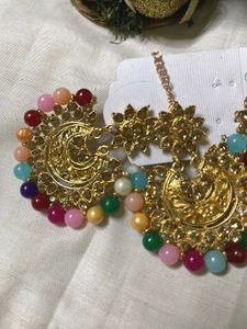 earings-mang tika set |bead and gold plated | Amer