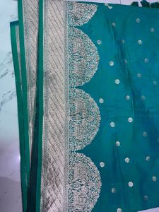 Teal Silk Saree with Silver Border