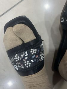 Embellished Black Flat Sandals