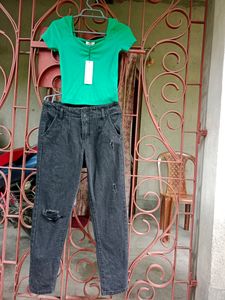 New Distressed Jeans With Green Ribbed Crop Top