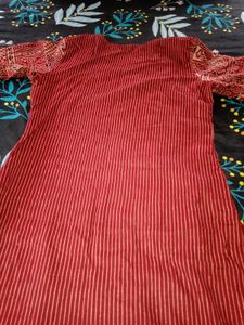 Red Striped Kurta with Neck Embroidery