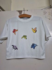 White Crop T-Shirt with Butterfly Print