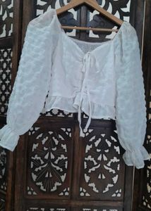 White Ruffled Tie-Front Crop Top