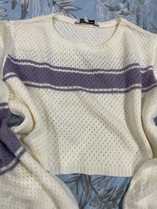 Cream &amp; Lilac Striped Knit Sweater