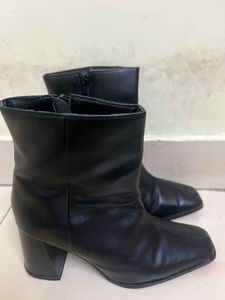 Black Faux Leather Square Toe Boots