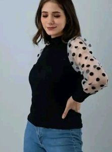 Chic Black Top with Polka Dot Sleeves