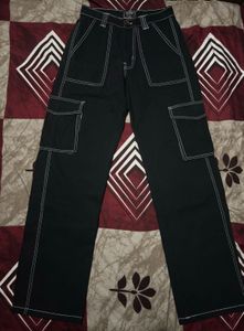 Men's Black Cargo Pants with White Stitching