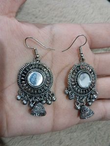 Oxidised Silver Mirror Jhumka Earrings