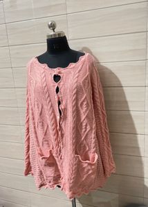 2XL Peach Cable Knit Cardigan with Lace Trim