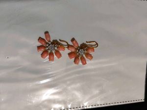 Elegant Coral Flower Earrings with Diamond Accents