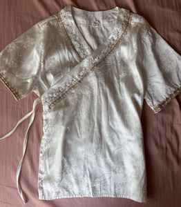 White Embroidered qipao Silk Wrap Blouse