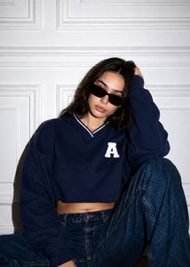Navy Cropped Sweatshirt with 'A' Detail