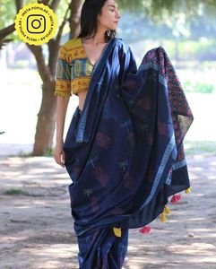 Elegant Navy Blue Saree with Dragonfly Print