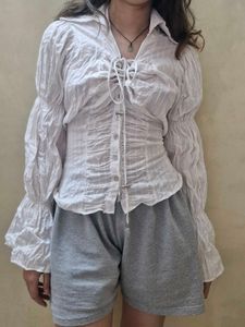 White Ruffle Sleeve Tie-Up Top