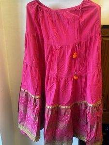 Vibrant Pink Tiered Ethnic Skirt with Gold Accents