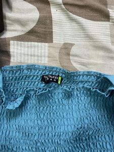 Blue Smocked Puff Sleeve Square Neck Top