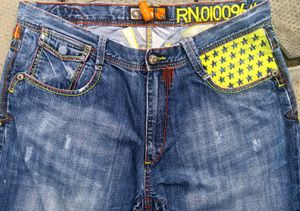 Stylish Blue Denim Jeans with Yellow Accents