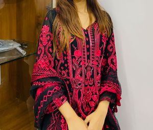 Black &amp; red Embroidered Kurta with dupatta