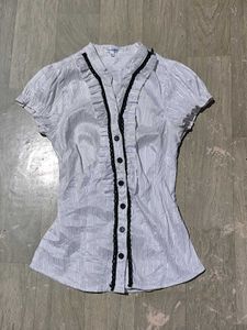 Vintage Striped Ruffle Front Puff Sleeve Blouse