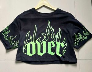 Black Cropped T-Shirt with Neon Flames