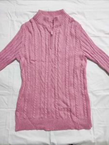 Pink Cable Knit Quarter Zip Sweater