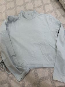 Light Blue Mock Neck Tie Detail Top